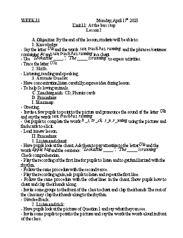 Kế hoạch bài dạy Tiếng Anh + Tự nhiên xã hội 1 - Tuần 31 - Năm học 2022-2023 - Nguyễn Thị Mỹ Hiền