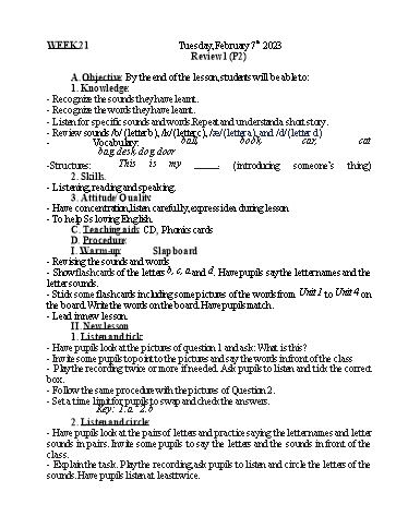Kế hoạch bài dạy Tiếng Anh + Tự nhiên xã hội Lớp 1 - Tuần 21 - Năm học 2022-2023 - Nguyễn Thị Mỹ Hiền