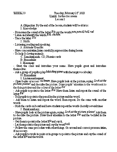 Kế hoạch bài dạy Tiếng Anh + Tự nhiên xã hội Lớp 1 - Tuần 23 - Năm học 2022-2023 - Nguyễn Thị Mỹ Hiền