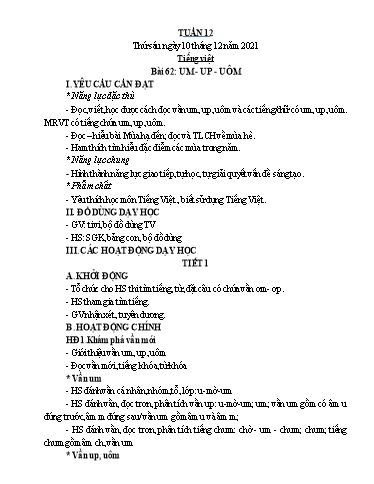 Kế hoạch bài dạy Tiếng Việt + Toán 1 - Tuần 12 - Năm học 2021-2022 - Nguyễn Thị Minh Tâm