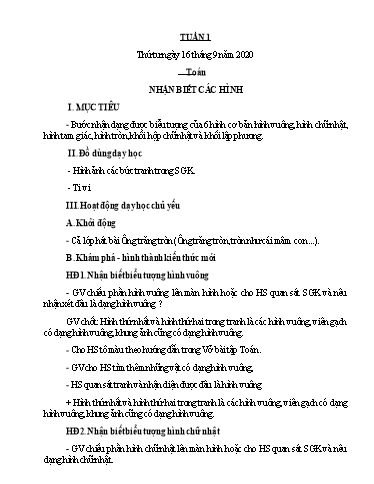 Kế hoạch bài dạy Toán 1 - Tuần 1 - Năm học 2020-2021 - Nguyễn Thị Minh Tâm
