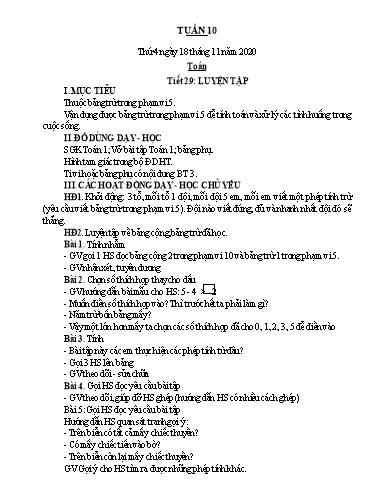 Kế hoạch bài dạy Toán 1 - Tuần 10 - Năm học 2020-2021 - Nguyễn Thị Minh Tâm