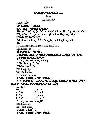 Kế hoạch bài dạy Toán 1 - Tuần 14 - Năm học 2020-2021 - Nguyễn Thị Minh Tâm