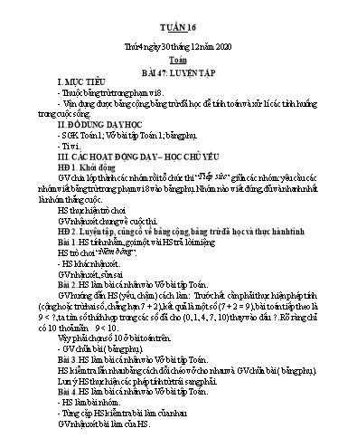 Kế hoạch bài dạy Toán 1 - Tuần 16 - Năm học 2020-2021 - Nguyễn Thị Minh Tâm