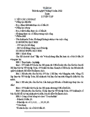 Kế hoạch bài dạy Toán 1 - Tuần 16 - Năm học 2021-2022 - Nguyễn Thị Minh Tâm