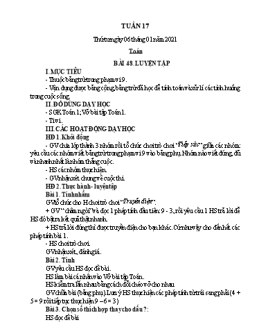 Kế hoạch bài dạy Toán 1 - Tuần 17 - Năm học 2020-2021 - Nguyễn Thị Minh Tâm