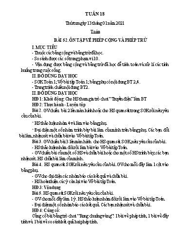 Kế hoạch bài dạy Toán 1 - Tuần 18 - Năm học 2020-2021 - Nguyễn Thị Minh Tâm