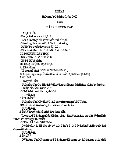 Kế hoạch bài dạy Toán 1 - Tuần 2 - Năm học 2020-2021 - Nguyễn Thị Minh Tâm
