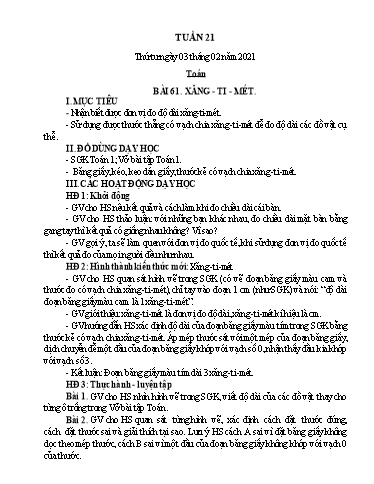 Kế hoạch bài dạy Toán 1 - Tuần 21 - Năm học 2020-2021 - Nguyễn Thị Minh Tâm