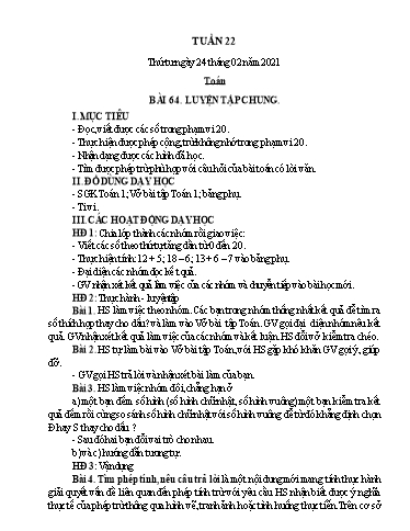 Kế hoạch bài dạy Toán 1 - Tuần 22 - Năm học 2020-2021 - Nguyễn Thị Minh Tâm