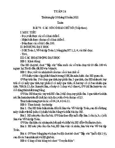 Kế hoạch bài dạy Toán 1 - Tuần 24 - Năm học 2020-2021 - Nguyễn Thị Minh Tâm