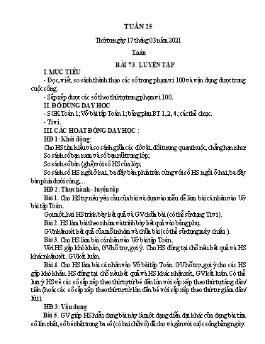 Kế hoạch bài dạy Toán 1 - Tuần 25 - Năm học 2020-2021 - Nguyễn Thị Minh Tâm