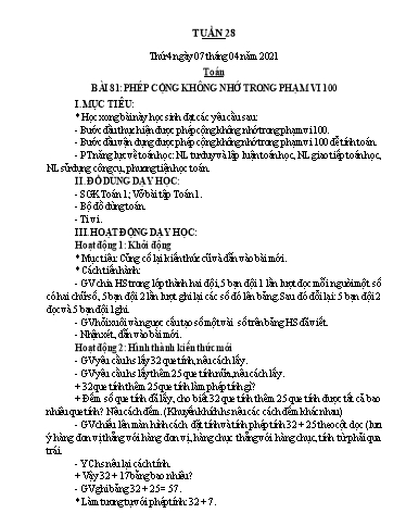 Kế hoạch bài dạy Toán 1 - Tuần 28 - Năm học 2020-2021 - Nguyễn Thị Minh Tâm