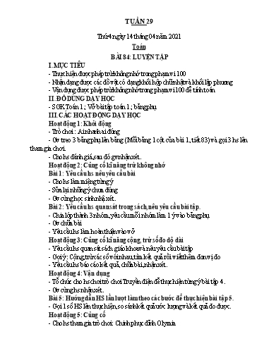 Kế hoạch bài dạy Toán 1 - Tuần 29 - Năm học 2020-2021 - Nguyễn Thị Minh Tâm