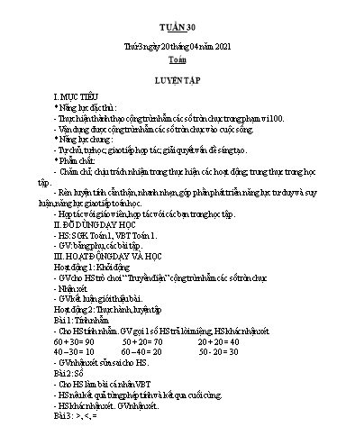 Kế hoạch bài dạy Toán 1 - Tuần 30 - Năm học 2020-2021 - Nguyễn Thị Minh Tâm