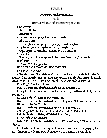 Kế hoạch bài dạy Toán 1 - Tuần 31 - Năm học 2020-2021 - Nguyễn Thị Minh Tâm
