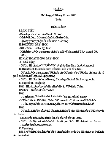 Kế hoạch bài dạy Toán 1 - Tuần 4 - Năm học 2020-2021 - Nguyễn Thị Minh Tâm