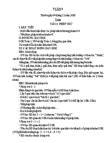 Kế hoạch bài dạy Toán 1 - Tuần 8 - Năm học 2020-2021 - Nguyễn Thị Minh Tâm