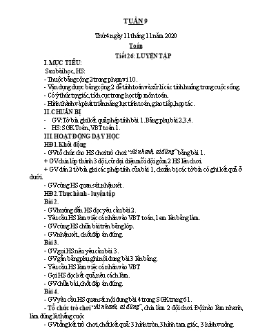 Kế hoạch bài dạy Toán 1 - Tuần 9 - Năm học 2020-2021 - Nguyễn Thị Minh Tâm