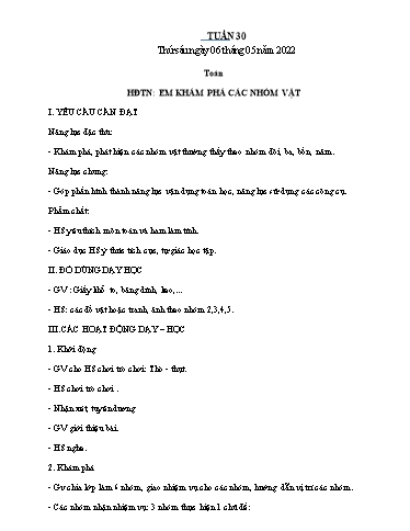 Kế hoạch bài dạy Toán + Giáo dục thể chất 1 - Tuần 30 - Năm học 2021-2022 - Nguyễn Thị Minh Tâm