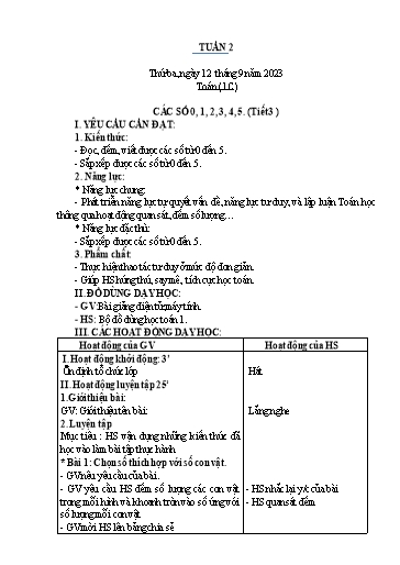 Kế hoạch bài dạy Toán Lớp 1+2 - Tuần 2 - Năm học 2023-2024 - Nguyễn Thị Minh Tâm