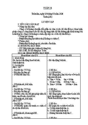 Kế hoạch bài dạy Toán Lớp 1+2 - Tuần 28 - Năm học 2023-2024 - Nguyễn Thị Minh Tâm