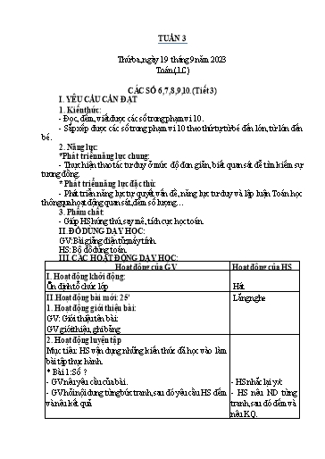 Kế hoạch bài dạy Toán Lớp 1+2 - Tuần 3 - Năm học 2023-2024 - Nguyễn Thị Minh Tâm