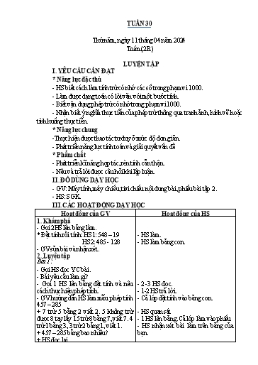 Kế hoạch bài dạy Toán Lớp 1+2 - Tuần 30 - Năm học 2023-2024 - Nguyễn Thị Minh Tâm