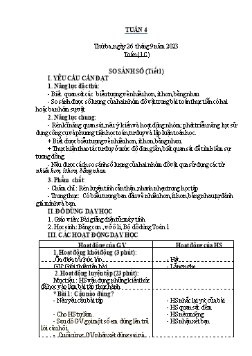 Kế hoạch bài dạy Toán Lớp 1+2 - Tuần 4 - Năm học 2023-2024 - Nguyễn Thị Minh Tâm
