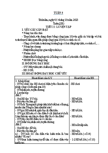 Kế hoạch bài dạy Toán Lớp 1+2 - Tuần 5 - Năm học 2023-2024 - Nguyễn Thị Minh Tâm