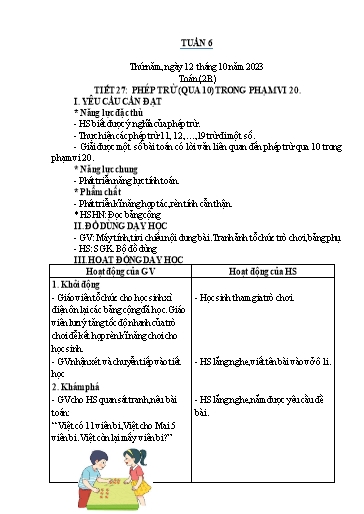 Kế hoạch bài dạy Toán Lớp 1+2 - Tuần 6 - Năm học 2023-2024 - Nguyễn Thị Minh Tâm