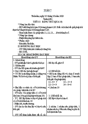 Kế hoạch bài dạy Toán Lớp 1+2 - Tuần 7 - Năm học 2023-2024 - Nguyễn Thị Minh Tâm