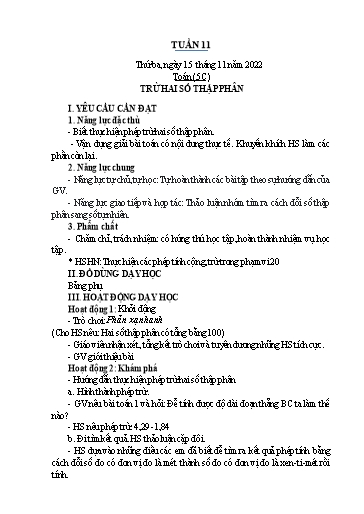 Kế hoạch bài dạy Toán Lớp 2+5 - Tuần 11 - Năm học 2022-2023 - Nguyễn Thị Minh Tâm