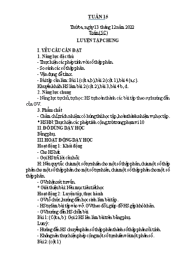 Kế hoạch bài dạy Toán Lớp 2+5 - Tuần 15 - Năm học 2022-2023 - Nguyễn Thị Minh Tâm