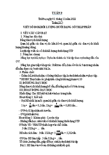 Kế hoạch bài dạy Toán Lớp 2+5 - Tuần 9 - Năm học 2022-2023 - Nguyễn Thị Minh Tâm