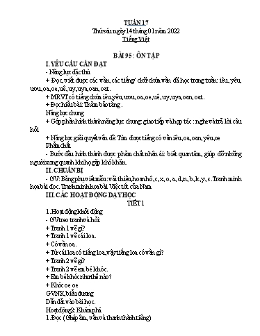 Kế hoạch bài dạy Toán + Tiếng Việt 1 - Tuần 17 - Năm học 2021-2022 - Nguyễn Thị Minh Tâm