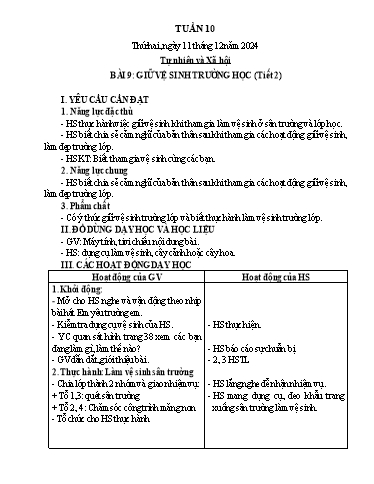 Kế hoạch bài dạy Tự nhiên & Xã hội 2 - Tuần 10 - Năm học 2024-2025 - Nguyễn Thị Minh Tâm