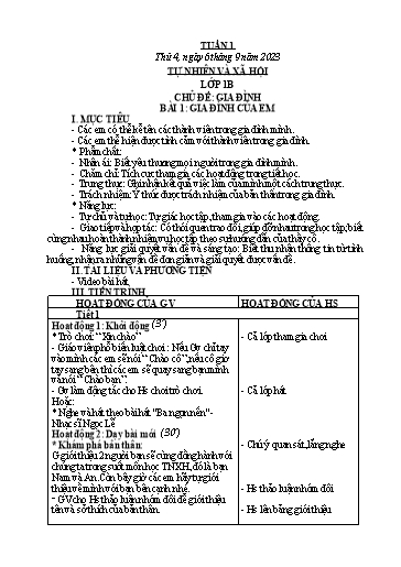 Kế hoạch bài dạy Tự nhiên & Xã hội + Đạo đức Lớp 1 - Tuần 1 - Năm học 2023-2024 - Nguyễn Thị Hồng Thắm
