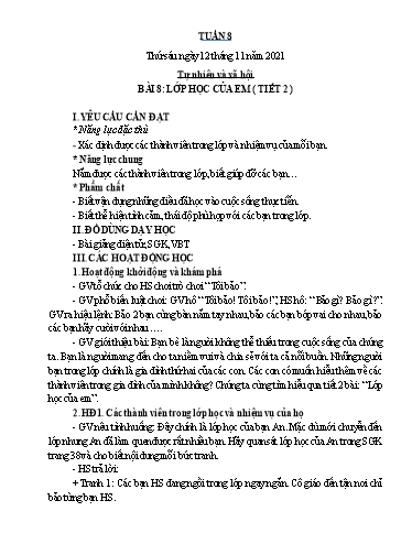 Kế hoạch bài dạy Tự nhiên xã hội + Toán 1 - Tuần 8 - Năm học 2021-2022 - Nguyễn Thị Minh Tâm