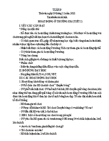 Kế hoạch bài dạy Tự nhiên xã hội + Toán 1 - Tuần 9 - Năm học 2021-2022 - Nguyễn Thị Minh Tâm